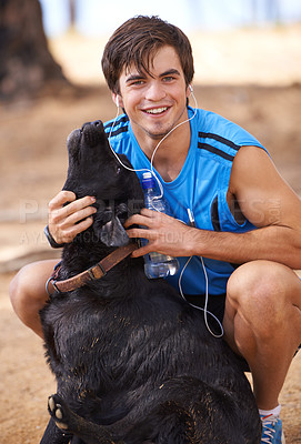 Buy stock photo Smile, man and fitness portrait with dog on hiking trail , walking pet in nature for wellness in health. Listening, music and headphone in relaxing environment or workout, running in cardio exercise