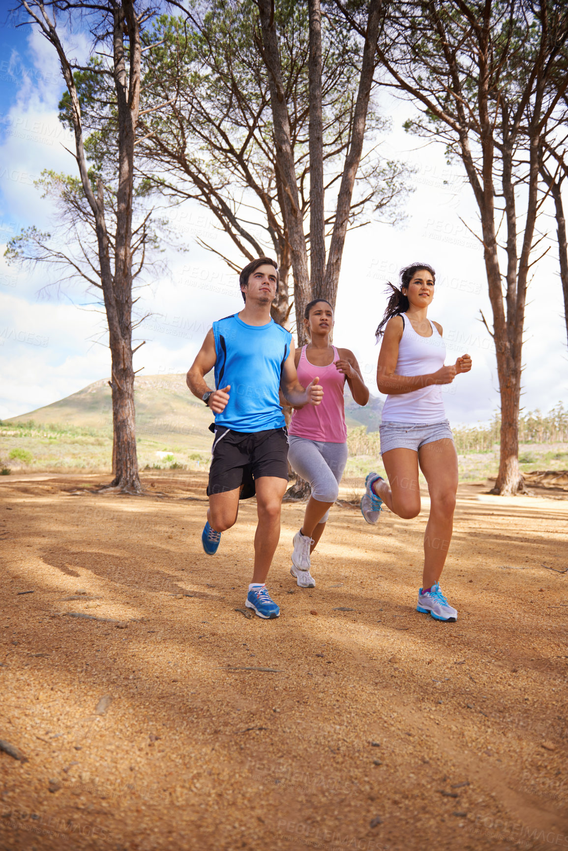 Buy stock photo Wood, running and group for outdoor on forest trail, environment and nature in summer for exercise. Diverse, friends and people in park for training, sport and fitness with trees on mockup space