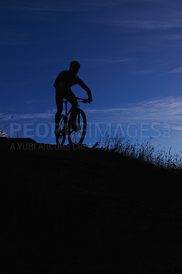 Buy stock photo Cyclist, silhouette and bicycle ride at night, hill and mountain biking in countryside. Person, freedom and sky mockup for fitness or exercise, hobby and sports for outdoor adventure and cycling 