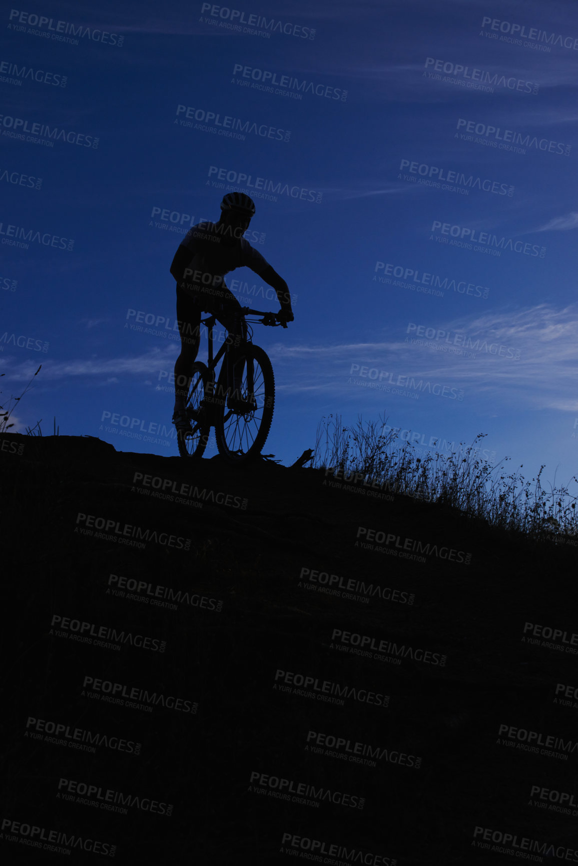 Buy stock photo Cyclist, silhouette and bicycle ride at night, hill and mountain biking in countryside. Person, freedom and sky mockup for fitness or exercise, hobby and sports for outdoor adventure and cycling 