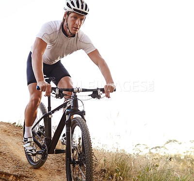 Buy stock photo Man, bicycle and countryside for nature, off road and cycling for health and wellness. Athlete, bike and training for workout, transportation and exercise with cape town mountain trail for fitness