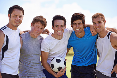 Buy stock photo Soccer, men and together in portrait on field at game with fitness, exercise or happy with hug. People, teamwork and embrace with pride for support, solidarity or football with friends in competition