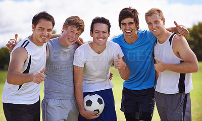 Buy stock photo Soccer, men and thumbs up in portrait in team at game for fitness, exercise or happy in nature. People, field and embrace with hand sign for agreement, winning or football with friends in competition