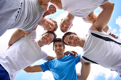 Buy stock photo Men, circle and portrait with sports in low angle for hug, support or teamwork at training in nature. People, group and happy to embrace in huddle, scrum or together for exercise, workout or fitness
