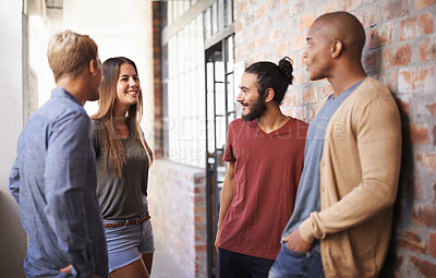 Buy stock photo College, friends or students talking in a hallway for discussion, happiness or a chat. Group of diversity men and a woman at campus or university to talk about education, learning or school work