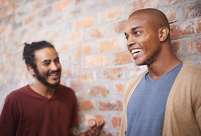 Buy stock photo Men, university and students in a hallway, conversation and funny with discussion and laughing. People, college and friends in a lobby or humor with lunch break and relaxing with planning or speaking