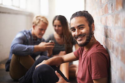 Buy stock photo University, happy and portrait of man with friends for education, knowledge and learning. College, academy scholarship and male student smile in hallway on campus for studying, class or school