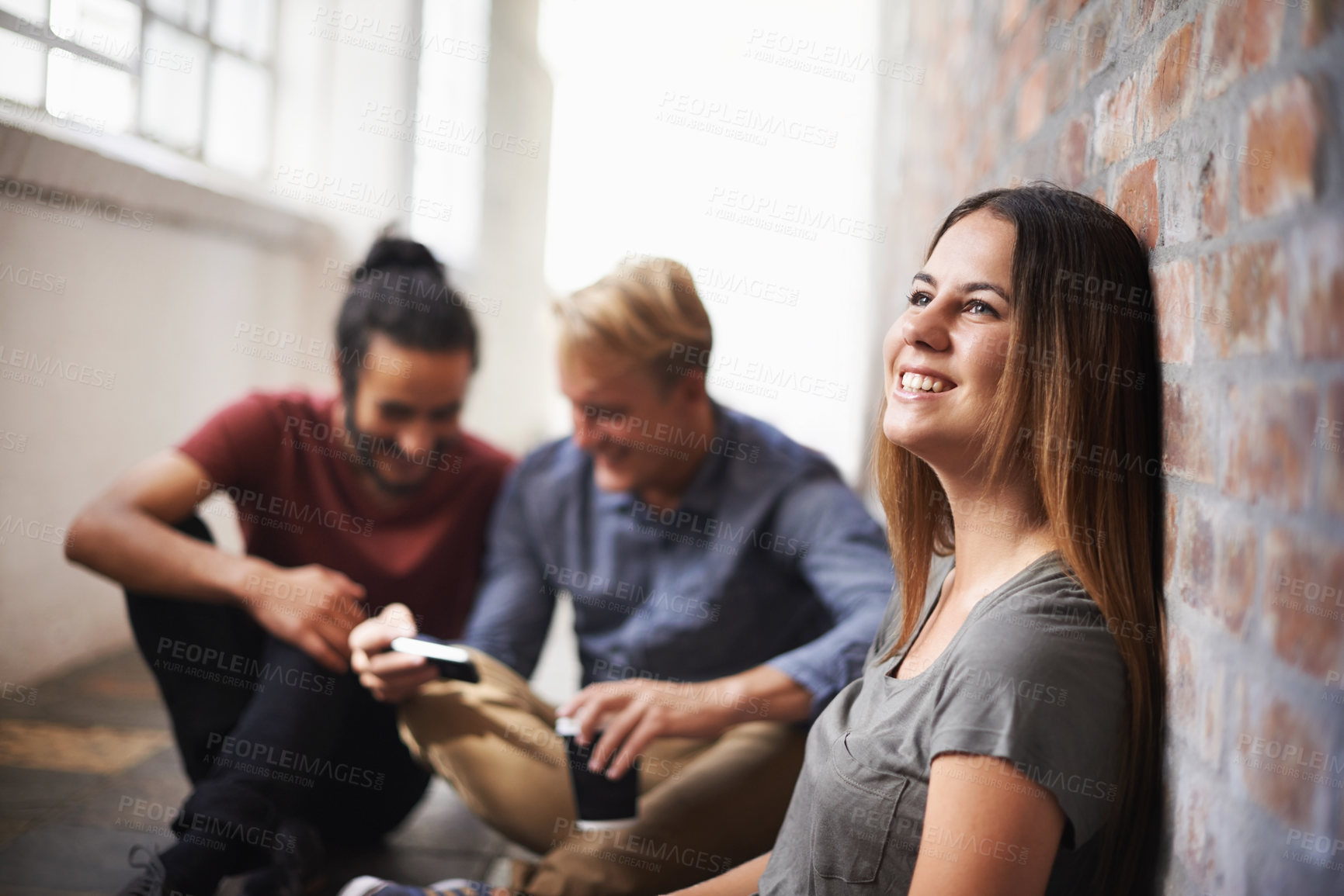 Buy stock photo University, thinking and woman with friends in hallway for education, knowledge and learning. College vision, academy scholarship and female student with ideas on campus for studying, class or school