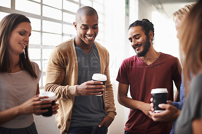 Buy stock photo Coffee, talking and friends or happy students in a hallway for discussion, happiness or drink. Group of diversity men and women at campus or university for chat or conversation about education career