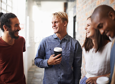 Buy stock photo Smile, group and friends in a lobby, conversation and bonding with happiness, joyful and cheerful. Diversity, men or woman with communication, hallway and young people chatting, talking or discussion