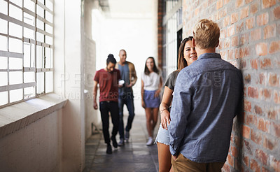 Buy stock photo University, people and students in a hallway, conversation and speaking with humor and education. Group, men or women in a lobby with discussion or learning with knowledge or college with scholarship