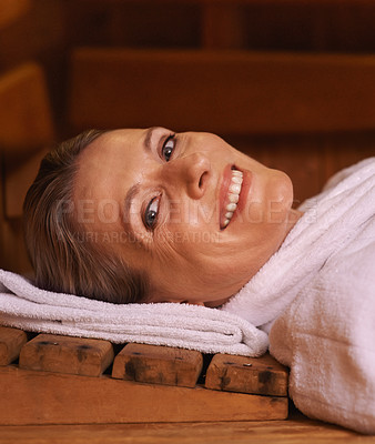 Buy stock photo Woman, portrait and relax in sauna or spa wellness on vacation or beauty treatment or resting, detox or holiday. Female person, face and towel for peace at Bali resort or leisure, stress free or calm