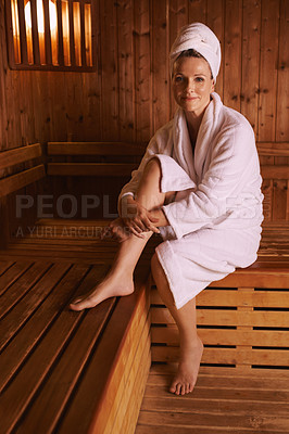 Buy stock photo Woman, portrait and spa sauna or holiday relax at hotel accommodation or calm, treatment or stress relief. Female person, face and towel at Bali resort or healthy vacation for wellness, care or rest