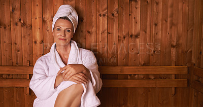 Buy stock photo Woman, portrait and relax in spa sauna or vacation wellness as beauty treatment for resting, detox or holiday. Female person, face and bathrobe or peace at Bali resort or leisure, stress free or calm