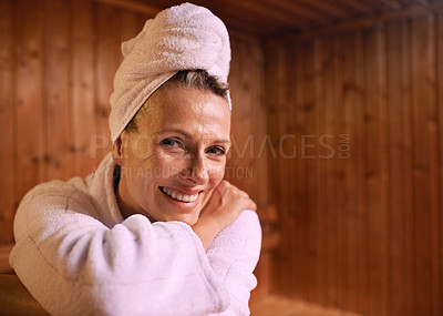 Buy stock photo Woman, portrait and smile in sauna or spa wellness on vacation or beauty treatment or resting, detox or holiday. Female person, face and towel for peace at Bali resort or leisure, stress free or calm