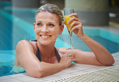 Buy stock photo Swimming pool, holiday and woman with juice relax on break, summer vacation and weekend in water. Travel, luxury spa resort and happy female person with orange drink for happiness, relaxing and peace