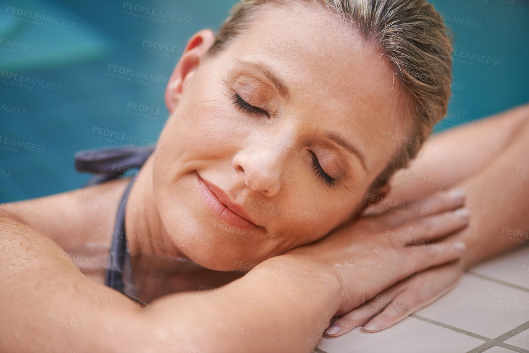 Buy stock photo Swimming pool, eyes closed or woman relax on holiday, summer vacation or weekend getaway. Travel, luxury or spa resort for female swimmer, face or person relaxing in water calm, wellness or sun tan