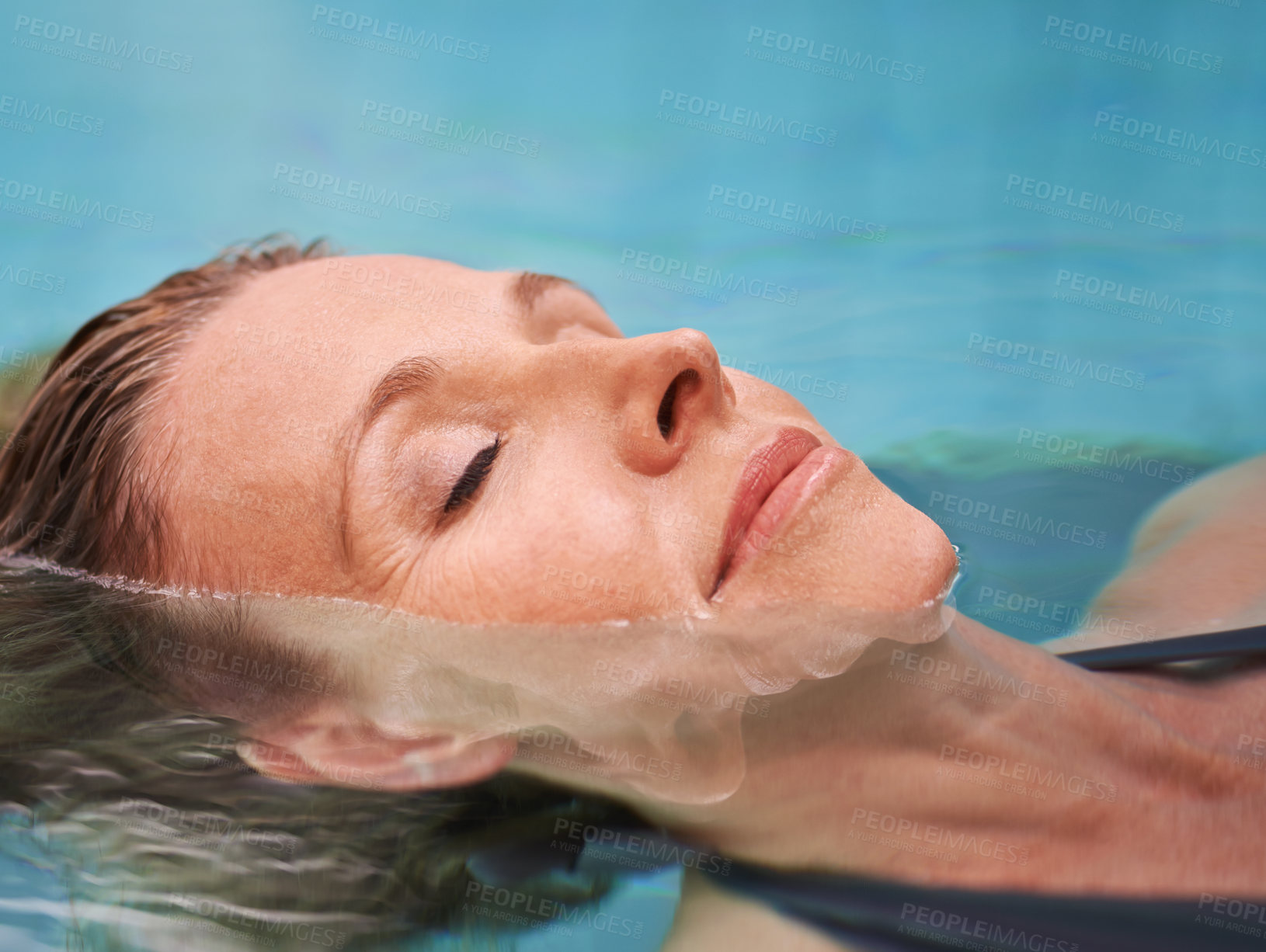 Buy stock photo Swimming pool, floating and woman in water relax on holiday, summer vacation and weekend getaway. Travel, luxury resort and closeup of female person relaxing for swim, wellness and peace outdoors