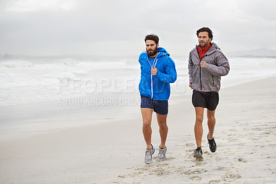 Buy stock photo Male athletes, running and workout on beach, sand and fitness for wellness and gym wear on coast travel. Men, jog and training for seaside, health and outdoor for sport and exercise together