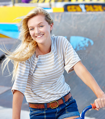 Buy stock photo Portrait of a teenage girl at a skatepark