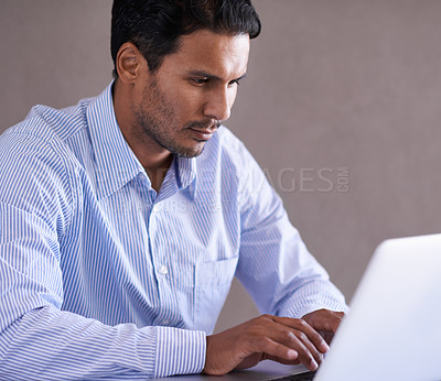 Buy stock photo Businessman, laptop and email by desk for productivity and online research on company in office. Entrepreneur, computer or technology for small business website or networking for startup development