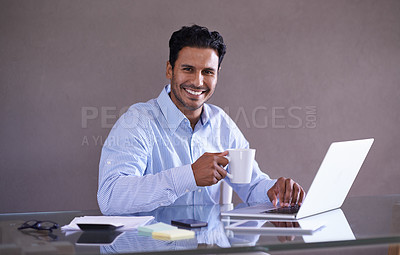 Buy stock photo Businessman, laptop and portrait by desk for coffee, relax and social media with browse for online research. Entrepreneur, smile face and technology at work, wellness and tea break in startup company
