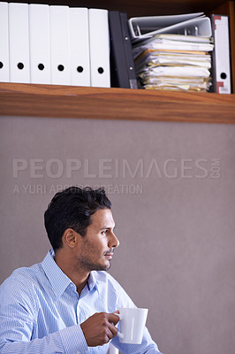 Buy stock photo Businessman, professional and relax with coffee in office  and thinking of career development in workplace. Designer, planning and warm beverage for inspiration and tea break in creative job by desk
