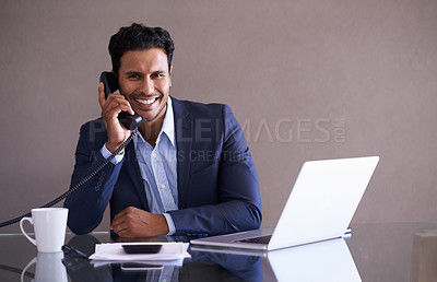 Buy stock photo Phone call, laptop and portrait of business man in office with telephone for networking, communication and talking. Consultant, corporate and worker on computer for internet, website and planning