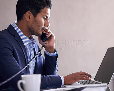 Buy stock photo Phone call, laptop and business man in office with telephone for networking, communication and talking. Professional, corporate consultant and worker on computer for internet, website and planning