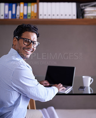 Buy stock photo Office, clerk and portrait of happy man with laptop for administration, files and professional efficiency. Corporate, employee and businessman with a smile for working on portfolio, update and report