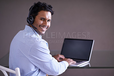 Buy stock photo Man, call center and contact us with CRM and laptop for tech support, web help desk and communication with headset. Customer service consultant, portrait and telecom with mic for telemarketing sales 