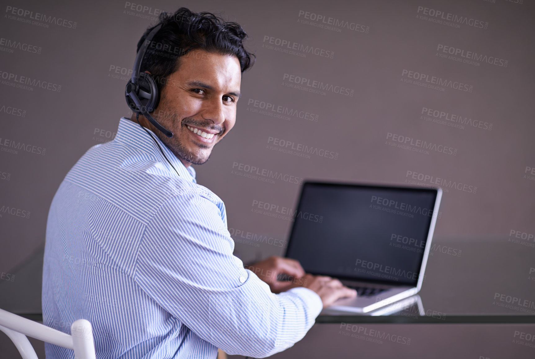 Buy stock photo Man, call center and contact us with CRM and laptop for tech support, web help desk and communication with headset. Customer service consultant, portrait and telecom with mic for telemarketing sales 