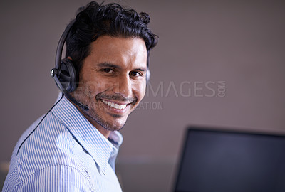 Buy stock photo Man, call center and portrait with CRM and smile for tech support, help desk and communication with headset. Customer service consultant, contact us and telecom with mic for telemarketing sales 