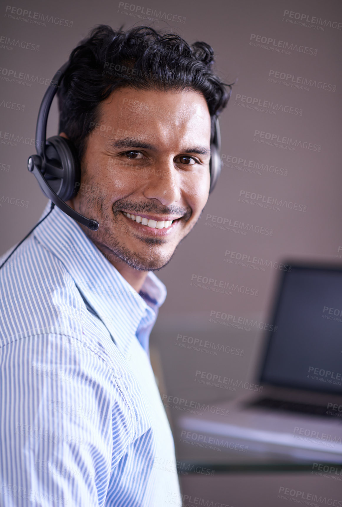 Buy stock photo Man, call center and portrait with contact us and smile for tech support, help desk and communication with headset. Customer service consultant, CRM and telecom with mic for telemarketing sales 