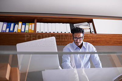 Buy stock photo Thinking, documents and business man with laptop for internet, website and online project by desk. Professional architect, paperwork and worker with computer for floor plan, ideas and blueprint