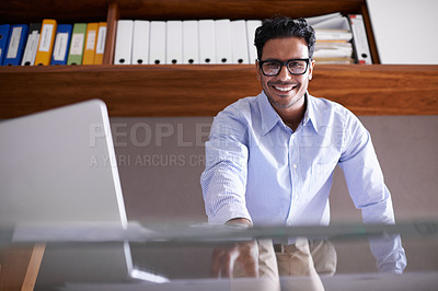 Buy stock photo Portrait, office and business man with laptop for internet, website and online project by desk. Professional, corporate consultant and worker with computer for planning, networking and connection