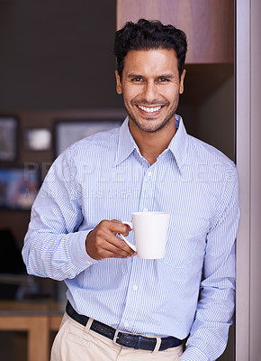 Buy stock photo Portrait, coffee and business man in office with confidence, pride and smile in workplace. Professional worker, corporate and happy person drinking caffeine, warm beverage and cappuccino on break