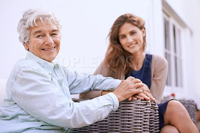 Buy stock photo Portrait, senior and mother in nursing home together with daughter, outdoor and woman to visit wise mom. Girls, smile and holding hands as family, happy and retirement of elderly female person