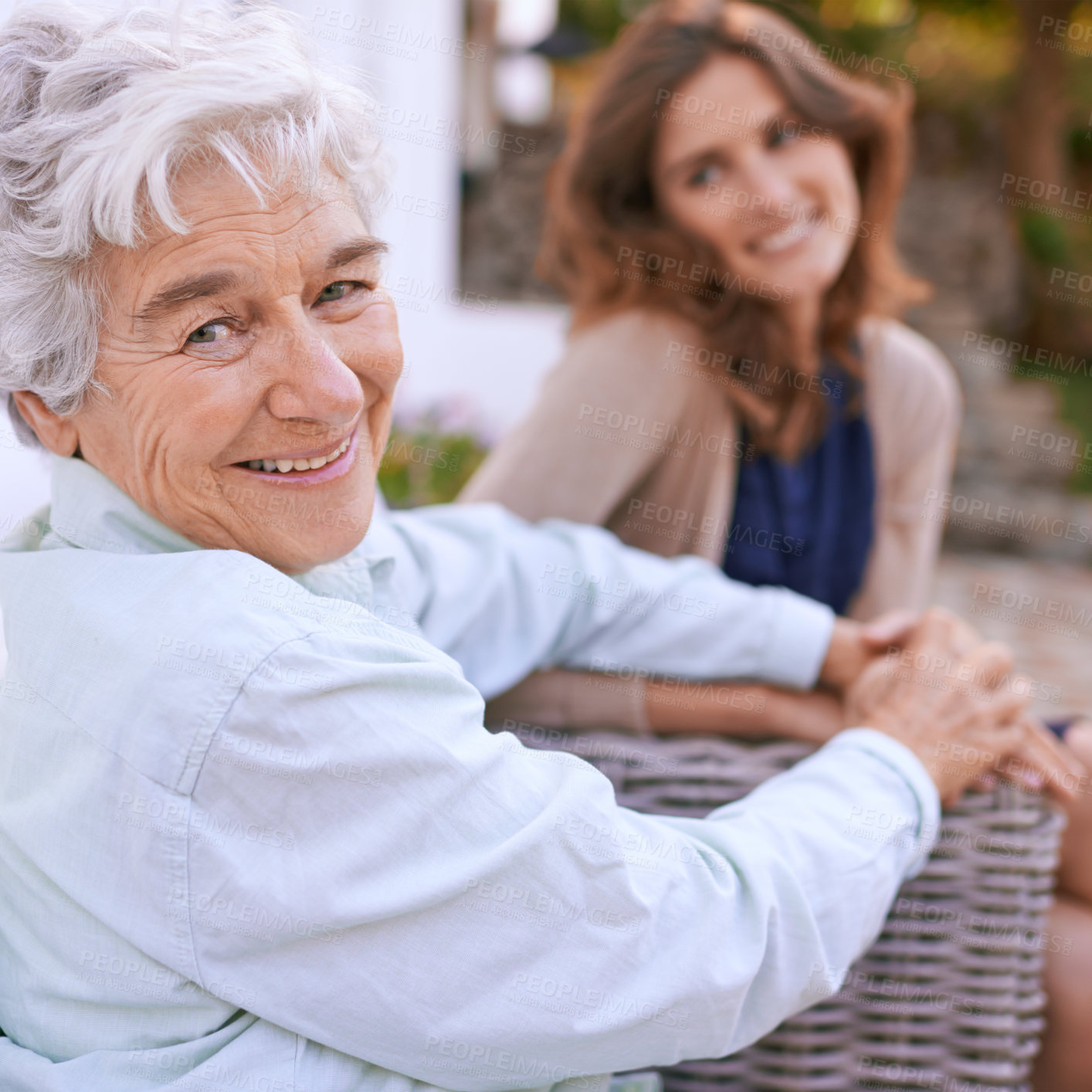 Buy stock photo Portrait, elderly and mother together with daughter in nursing home, outdoor and woman to visit wise mom. Girls, smile and holding hands as family, happy and retirement of senior female person