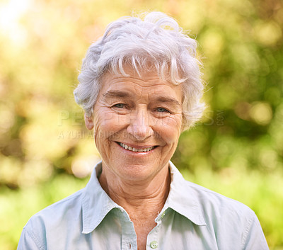 Buy stock photo Nature, portrait and smile of senior woman in backyard garden for peace, fresh air and relaxing outdoors. Happiness, bokeh and face of elderly person for wellness, freedom or retirement in Canada.