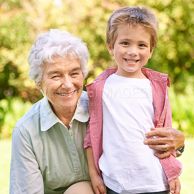 Buy stock photo Grandmother, grandchild and hug with park, love and smile with portrait for senior and happiness. Woman, child and nature with embrace, bonding and family with care and childhood for retirement