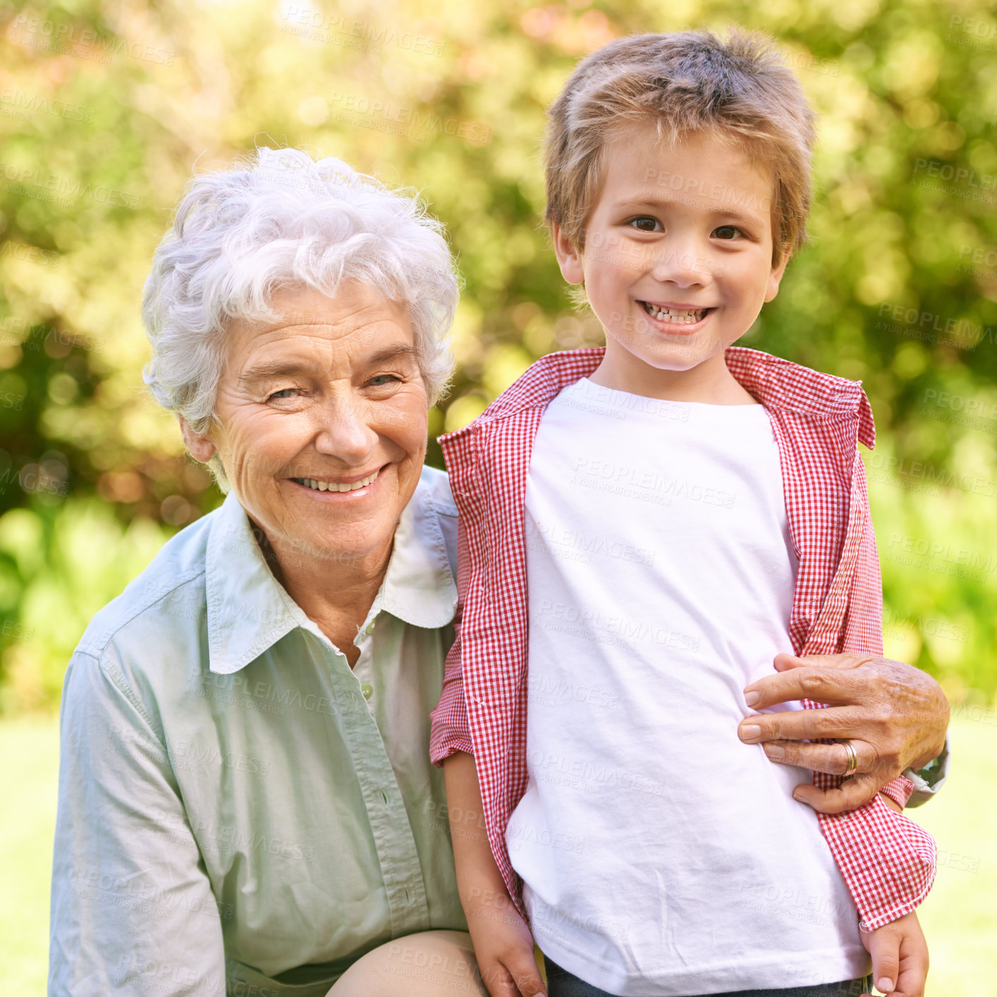 Buy stock photo Grandmother, grandchild and hug with park, love and smile with portrait for senior and happiness. Woman, child and nature with embrace, bonding and family with care and childhood for retirement