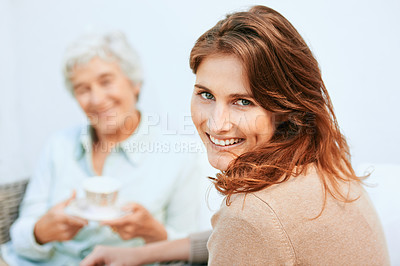 Buy stock photo Portrait, mother and daughter with coffee in happiness for bonding, outdoor and support with care. Family, women and together at home with smile on break for visit, joy and love to create memories