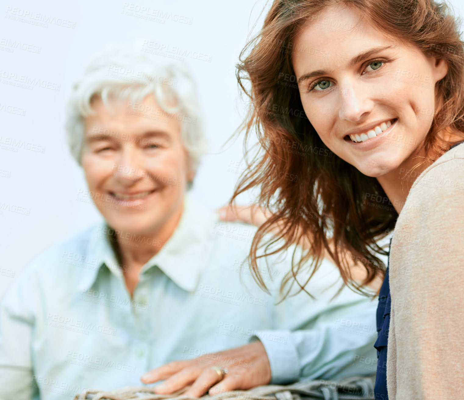 Buy stock photo Senior mom, daughter and home with smile for bonding outdoor and support with care. Portrait, family and women together with happiness on break for visit, joy and love with memories in retirement