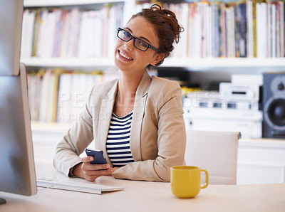 Buy stock photo Portrait, smile and business woman with phone at table in home office for remote work. Face, freelancer and creative graphic designer on smartphone, glasses and entrepreneur working in Australia