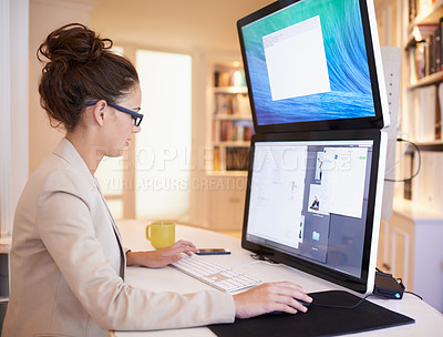 Buy stock photo Computer, glasses and woman in office for cybersecurity, analytics or research. Pc, monitor and female security analyst online with app development, planning or metaverse, code or communication