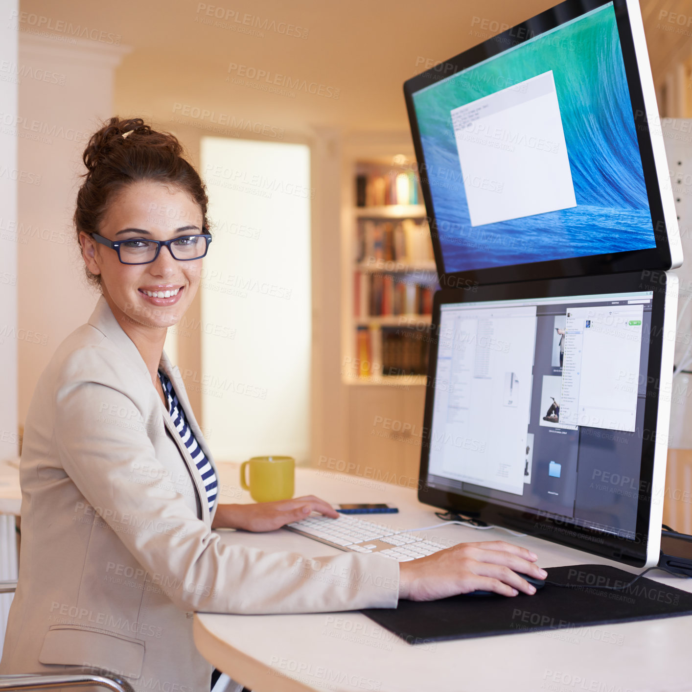 Buy stock photo Portrait, smile and business woman on computer at table in home office for remote work. Face, happy freelancer and creative graphic designer on desktop, glasses and entrepreneur working in Australia