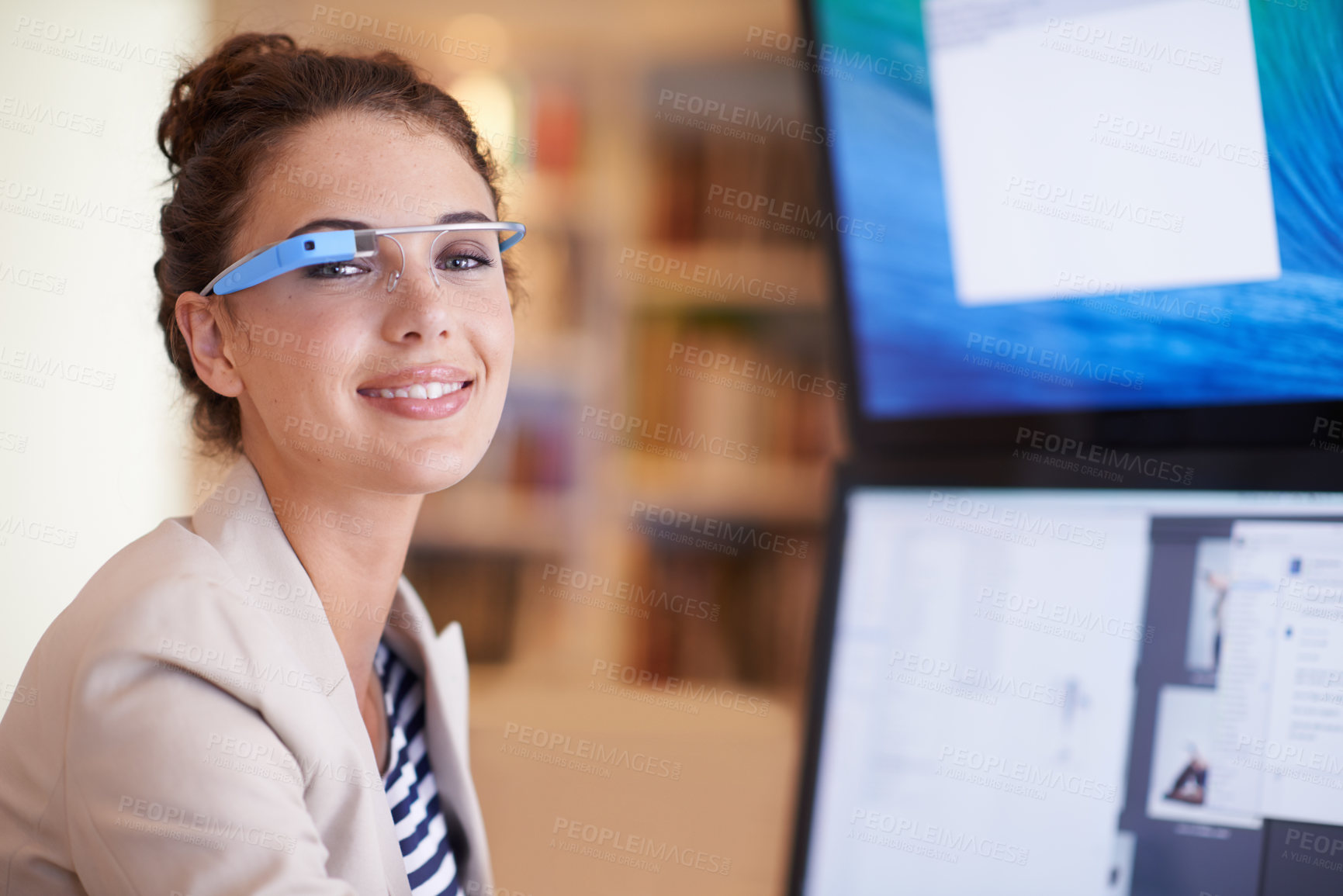 Buy stock photo Portrait, business woman and smart glasses by computer in startup office. Face, professional or creative graphic designer on desktop with future technology for happy entrepreneur working in Australia