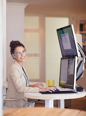 Buy stock photo Portrait, business woman and smart glasses by computer at table in startup office. Smile, professional and creative graphic designer on desktop with future tech for entrepreneur working in Australia
