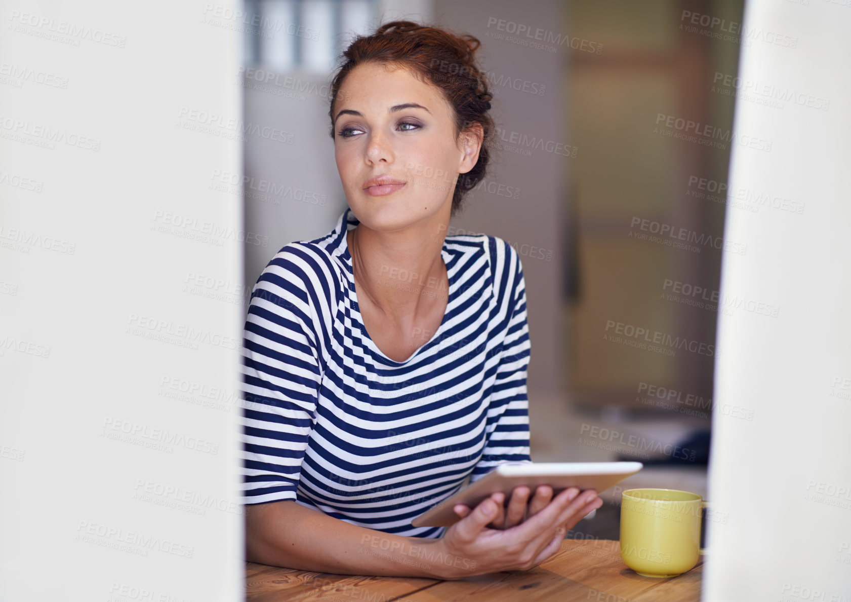 Buy stock photo Relax, thinking and woman in home office with tablet, idea and coffee to scroll on social media for business networking. Freelance, remote work and girl at table with digital app for communication.